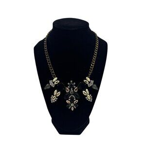 Statement Bib Necklace With Rhinestone & Crystal Accents On Brass Chain